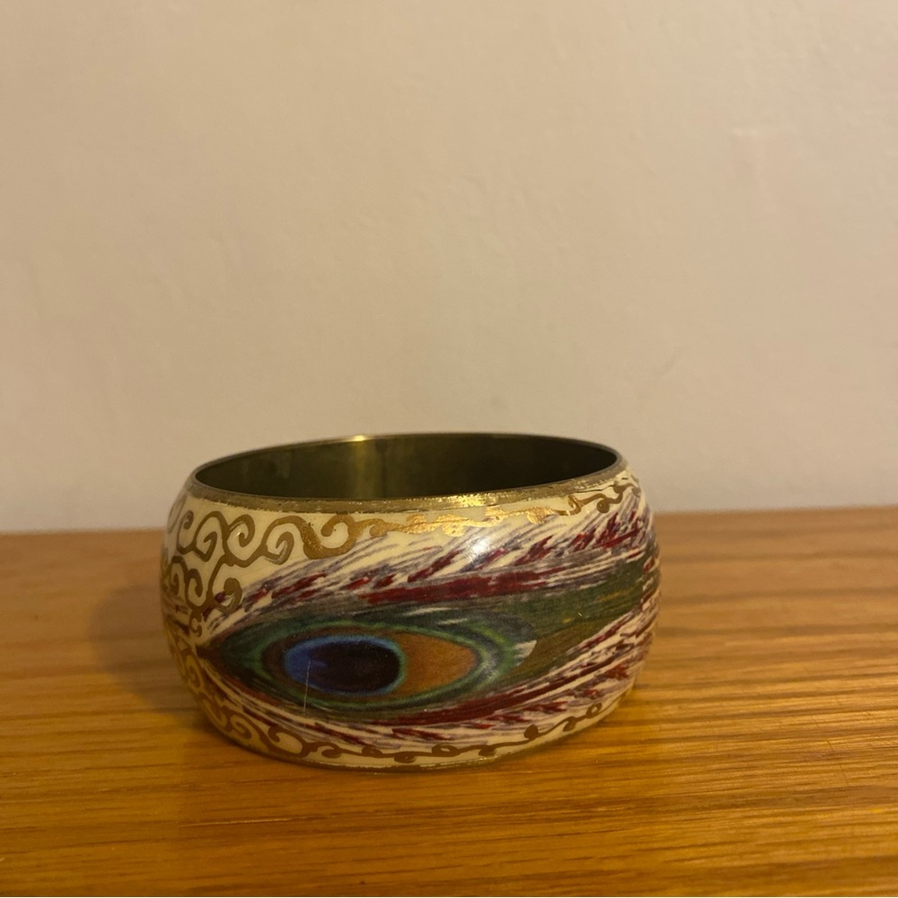 Vintage Brass and Enamel Peacock Feather Design Bangle Bracelet